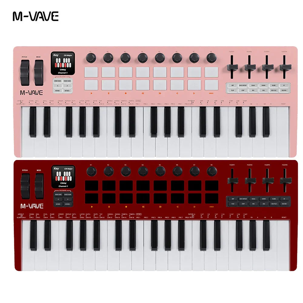 Pink and red m-vave smk-37 pro pro midi pads with 25 keys sliders and knobs as a sound source portable controller