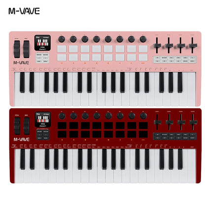 Pink and red m-vave smk-37 pro pro midi pads with 25 keys sliders and knobs as a sound source portable controller