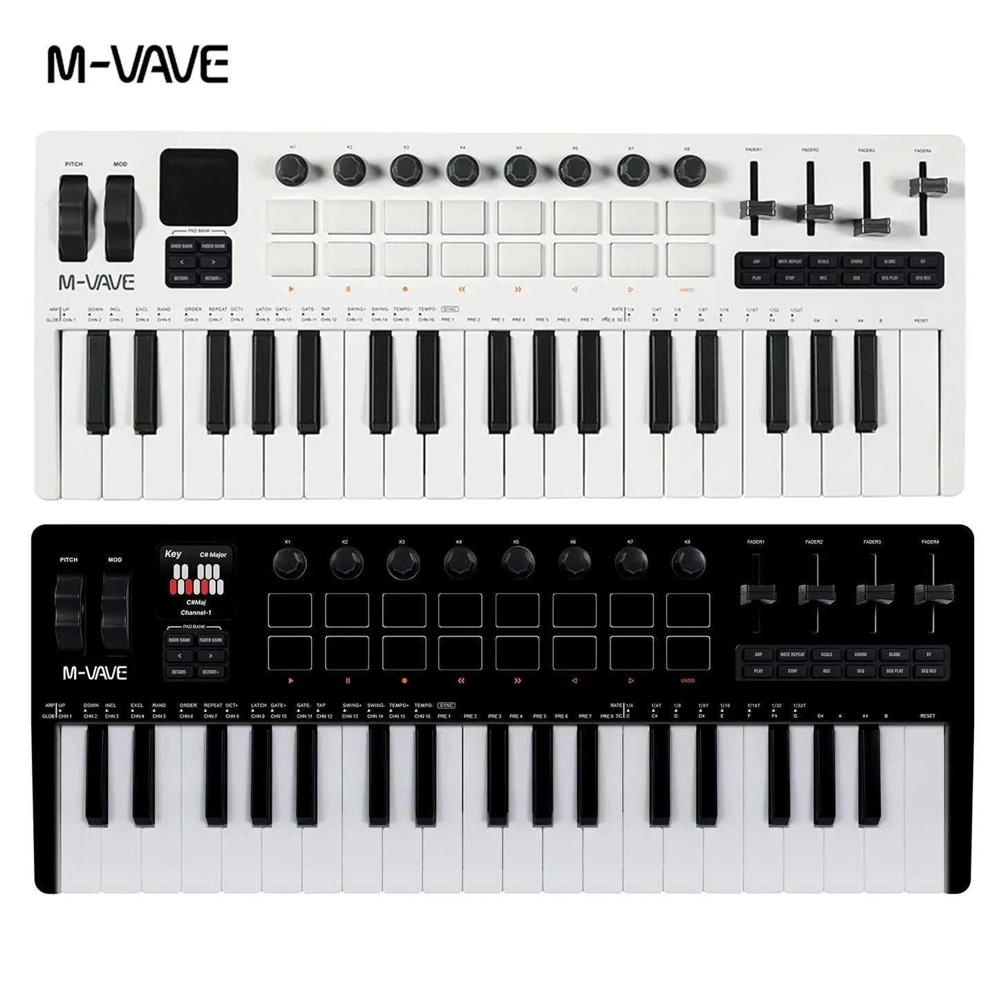White and black m-vave smk-37 pro midi pads portable sound source keyboard with 49 keys knobs buttons and sliders