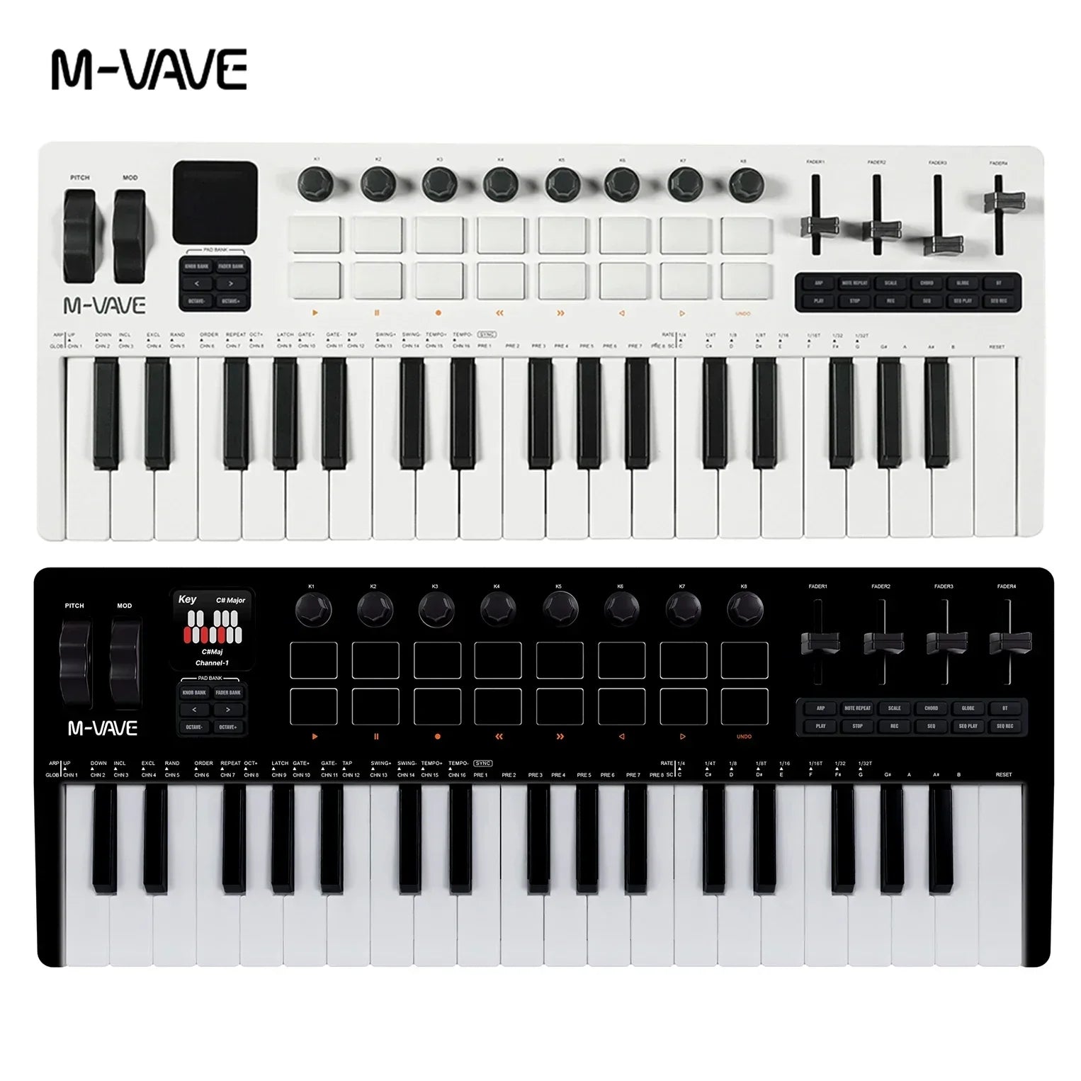 White and black m-vave smk-37 pro midi pads portable sound source keyboard with 49 keys knobs buttons and sliders