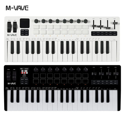White and black m-vave smk-37 pro midi pads portable sound source keyboard with 49 keys knobs buttons and sliders