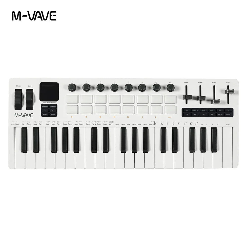 White m-vave smk-37 pro midi controller keyboard with black keys and knobs for pro midi pads sound source portable use
