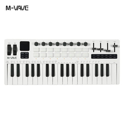White m-vave smk-37 pro midi controller keyboard with black keys and knobs for pro midi pads sound source portable use