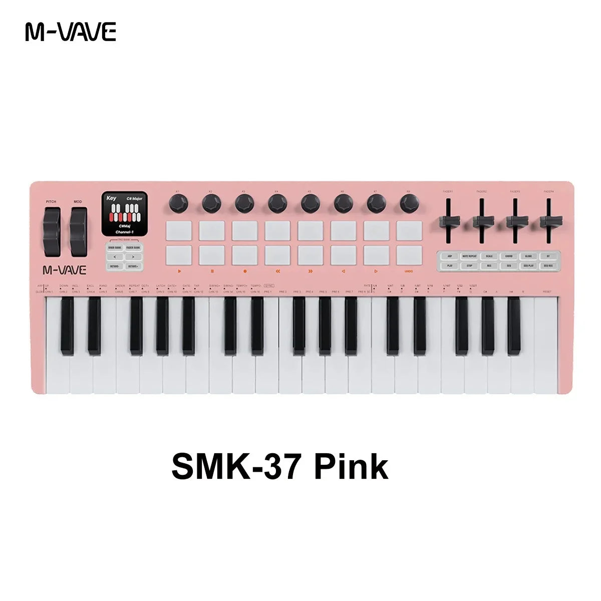 Pink m-vave smk-37 pro portable midi keyboard with smart chord, 8 encoders, faders ios compatible music tool