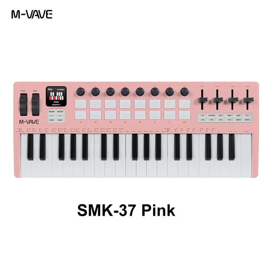 Pink m-vave smk-37 pro portable midi keyboard with smart chord, 8 encoders, faders ios compatible music tool