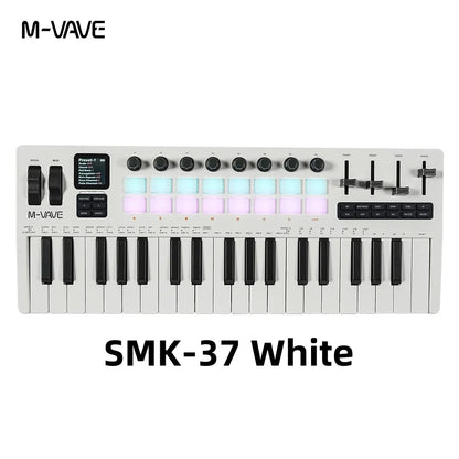 White m-vave smk-37 pro midi controller with black keys smart chord illuminated blue and pink pads faders ios compatible