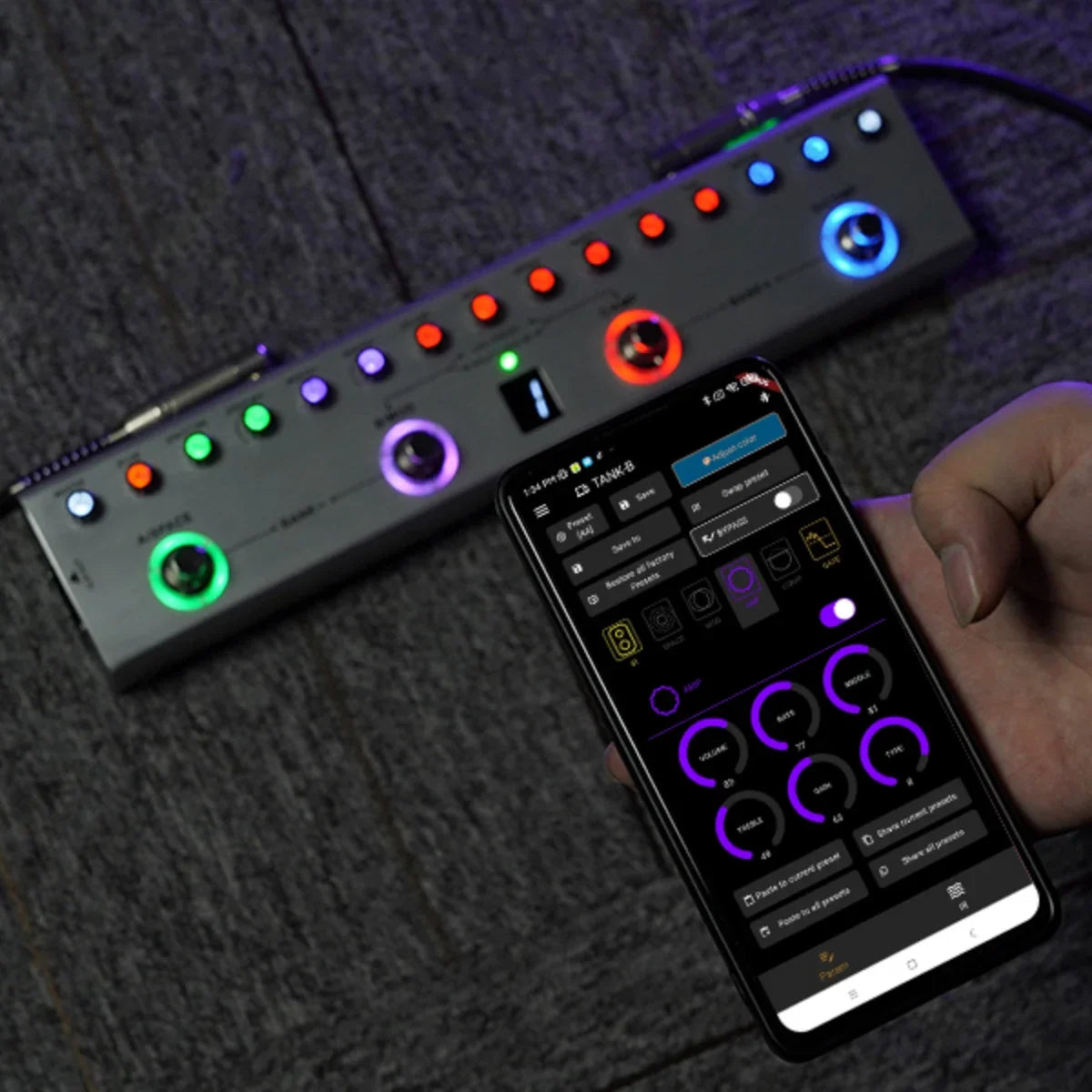 Black m-vave tank-b digital multi-effects guitar pedal with colorful illuminated knobs and bluetooth connectivity