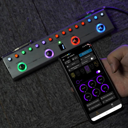 Black m-vave tank-b digital multi-effects guitar pedal with colorful illuminated knobs and bluetooth connectivity