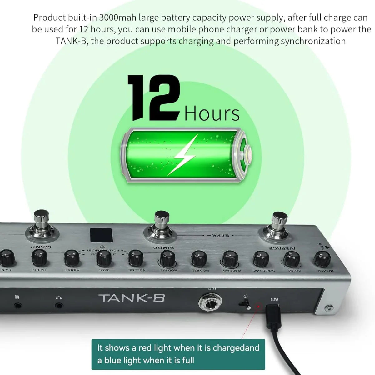 Silver tank-b digital multi-effects guitar pedal with multiple knobs footswitches 36 editable presets bluetooth battery