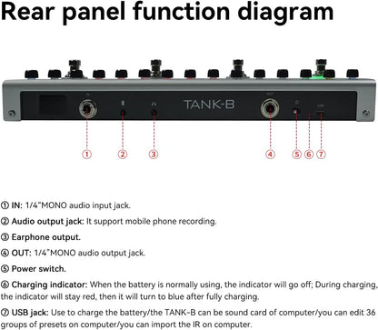 Silver m-vave tank-b digital multi-effects guitar pedal with black panel showing multiple jacks and usb port connectivity