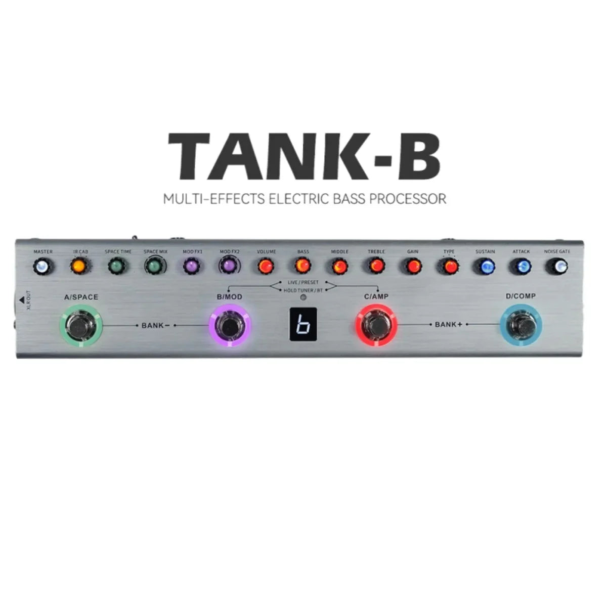 Silver tank-b multi-effects electric bass processor with colorful illuminated knobs and footswitches for versatile sound control