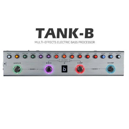 Silver tank-b multi-effects electric bass processor with colorful illuminated knobs and footswitches for versatile sound control