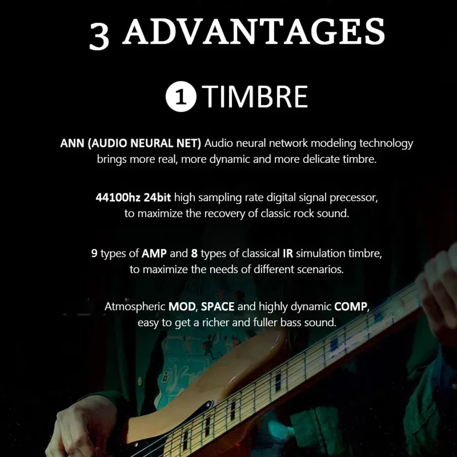 A black electric bass guitar with a light wooden fretboard and body shown alongside the m-vave tank b multi effects guitar pedal