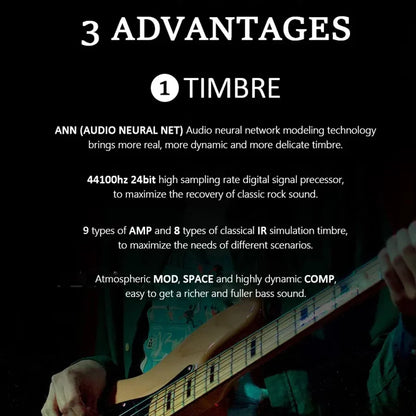 A black electric bass guitar with a light wooden fretboard and body shown alongside the m-vave tank b multi effects guitar pedal