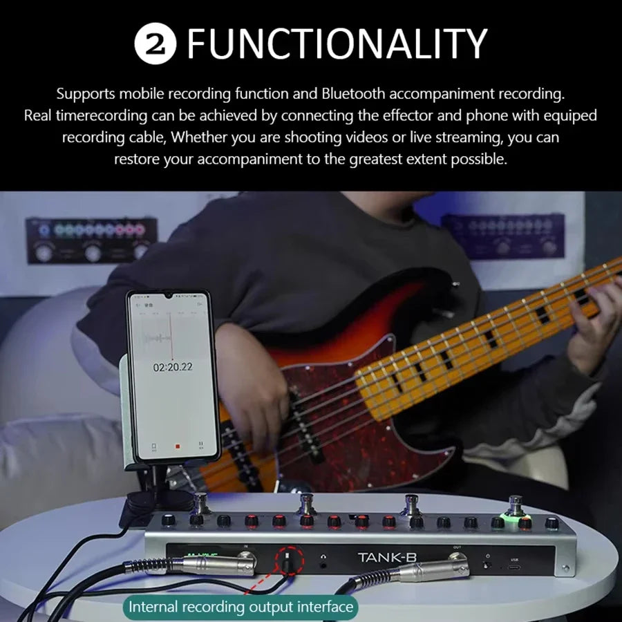 Silver tank-b multi effects guitar pedal with black knobs and red leds connected to smartphone for recording