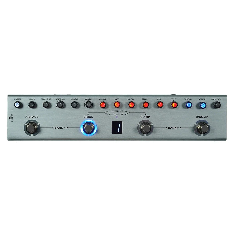 Silver M-VAVE Tank B multi effects guitar pedal with black knobs and red and blue illuminated control buttons
