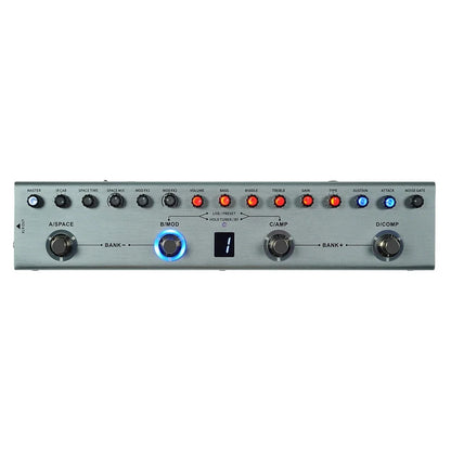 Silver M-VAVE Tank B multi effects guitar pedal with black knobs and red and blue illuminated control buttons