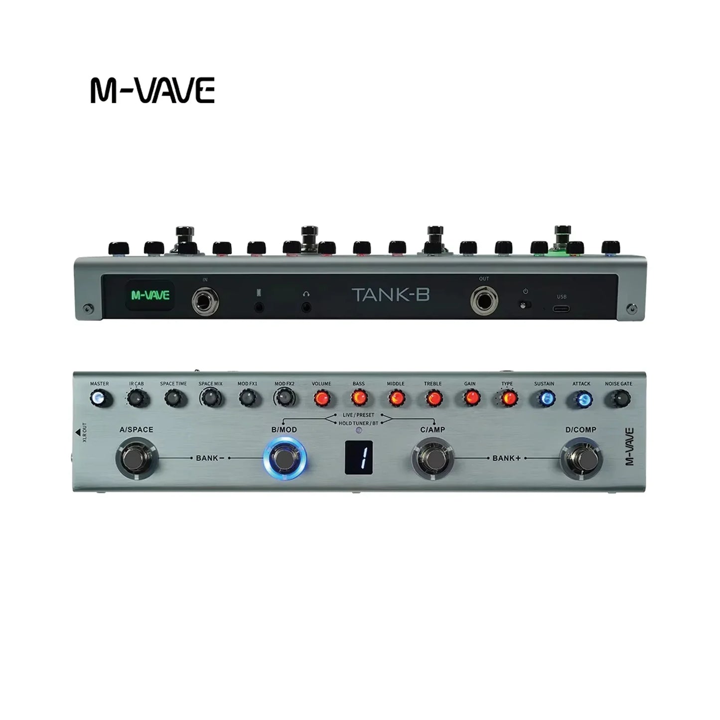 M-vave tank b multi effects guitar pedal with sleek silver metal chassis and illuminated green and red control knobs