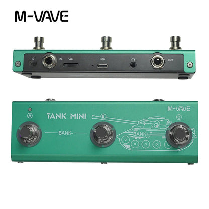 M-vave tank mini green guitar multi-effects pedal with mod fx delay and tank graphic featuring three footswitches