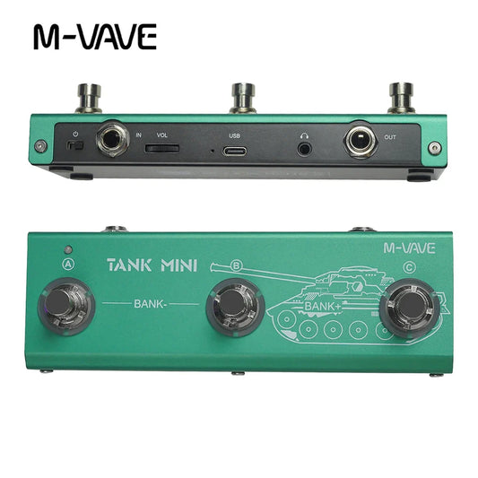 M-vave tank mini green guitar multi-effects pedal with mod fx delay and tank graphic featuring three footswitches