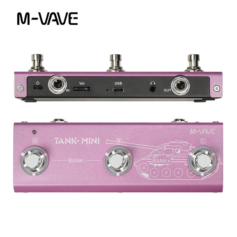 M-vave tank mini guitar multi-effects pedal with matte pink metallic finish mod fx delay and silver footswitches engraving