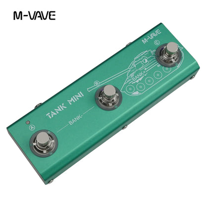 Green m-vave tank mini guitar multi-effects pedal with mod fx delay, built-in cab amp, and three silver footswitches