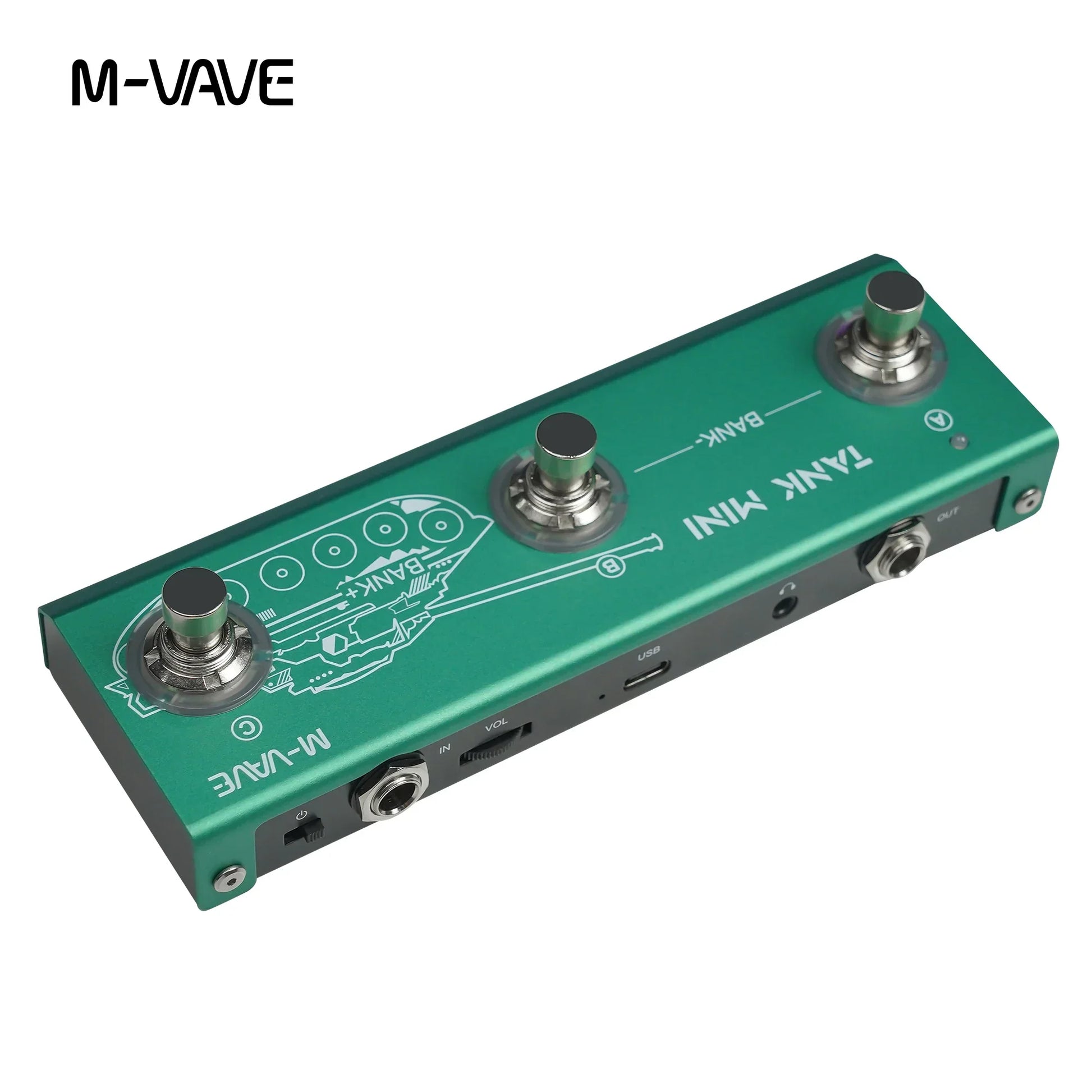 Green m-vave tank mini guitar multi-effects pedal with mod fx delay, two silver footswitches, and tank graphic design