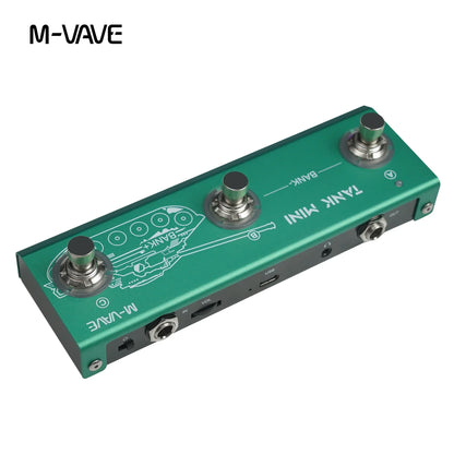 Green m-vave tank mini guitar multi-effects pedal with mod fx delay, two silver footswitches, and tank graphic design