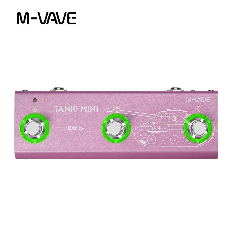M-vave tank mini guitar multi-effects pedal in matte pink metallic with three bright green footswitches and etched tank design featuring mod fx delay