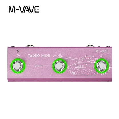 M-vave tank mini guitar multi-effects pedal in matte pink metallic with three bright green footswitches and etched tank design featuring mod fx delay