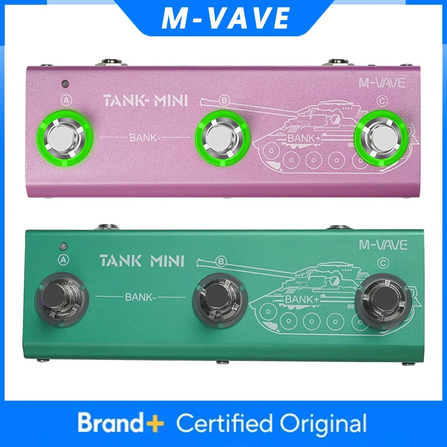 M-vave tank mini guitar multi-effects pedal in pink and green with mod fx delay and tank graphic design