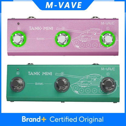 M-vave tank mini guitar multi-effects pedal in pink and green with mod fx delay and tank graphic design