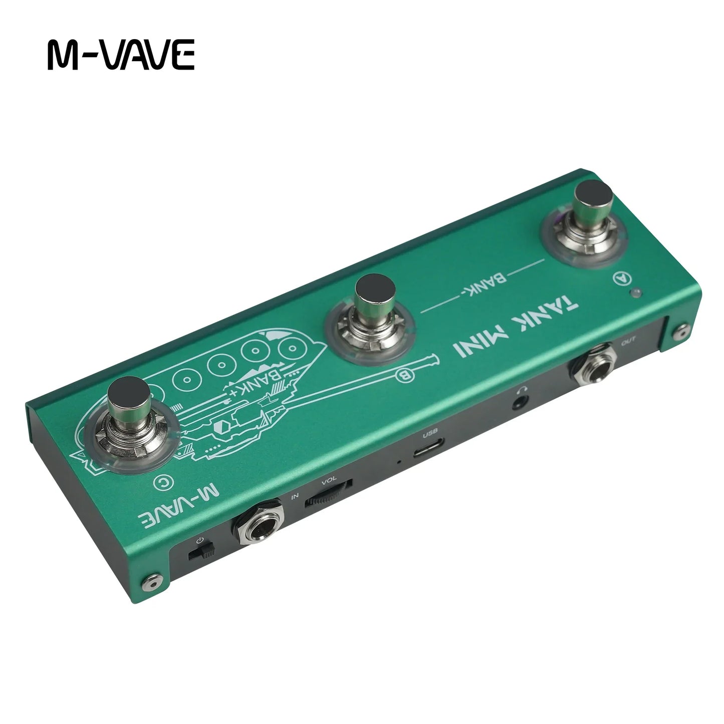 Green m-vave tank mini effect guitar pedal with two silver footswitches featuring otg recording and built-in cab effects