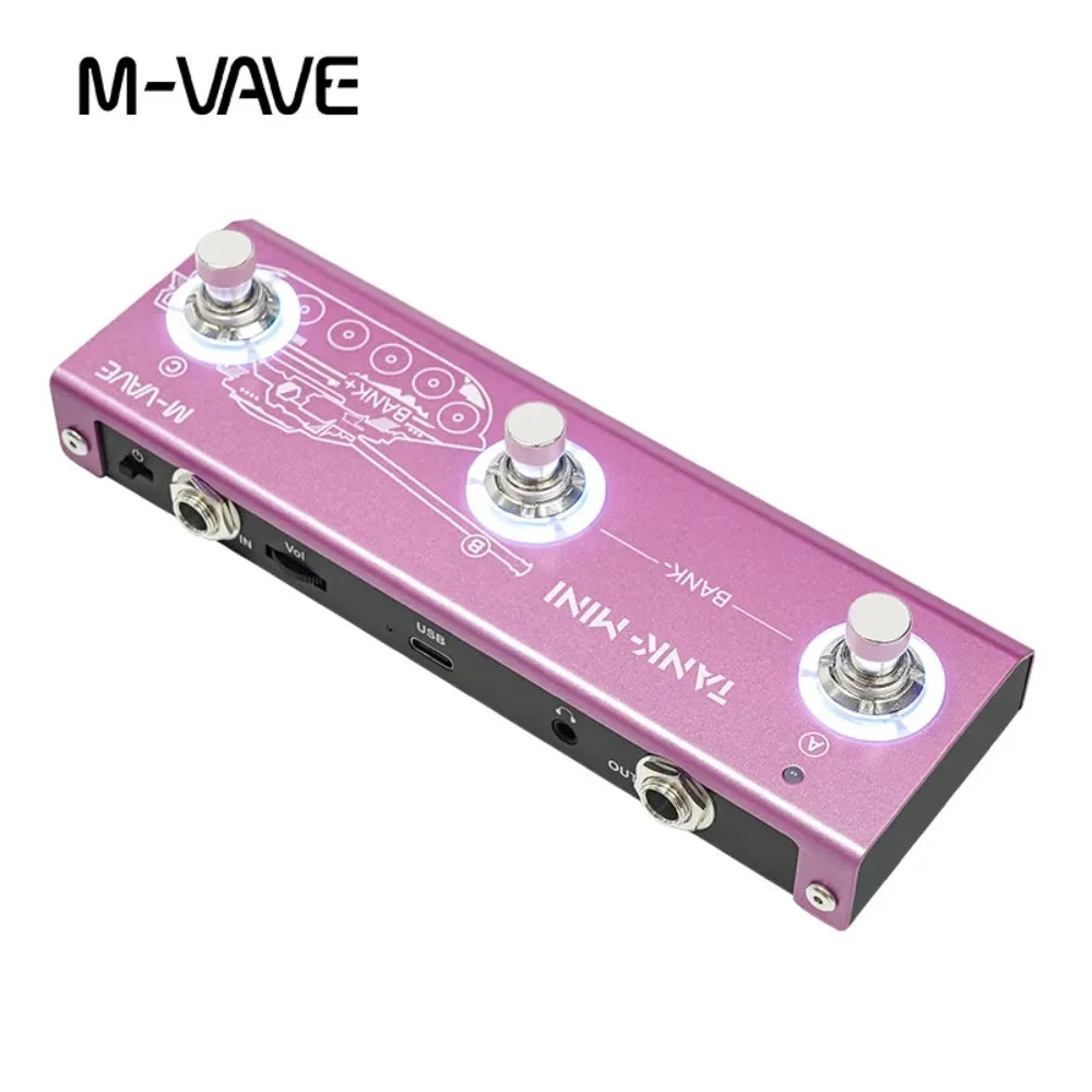 M-vave tank mini guitar pedal in metallic pink with three silver footswitches supports otg recording and built-in effects