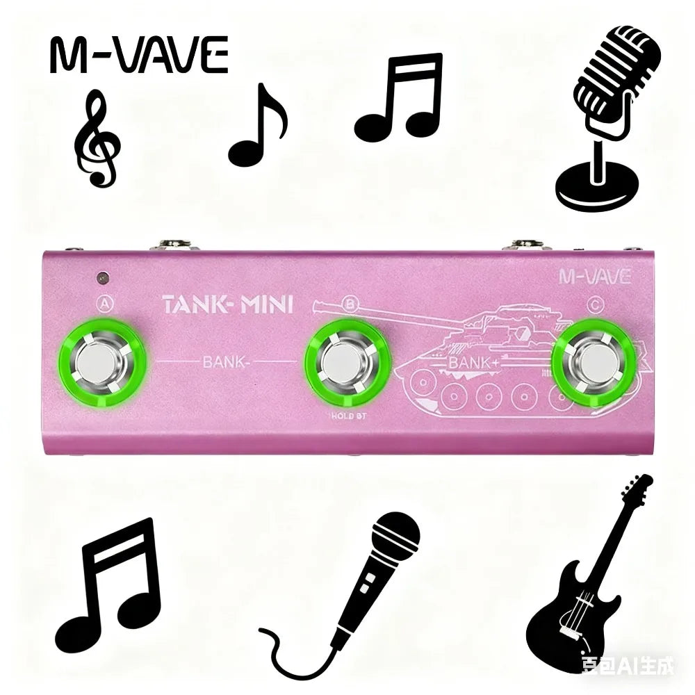 Pink m-vave tank mini guitar pedal with green knobs and white tank illustration supports otg recording and fx effects