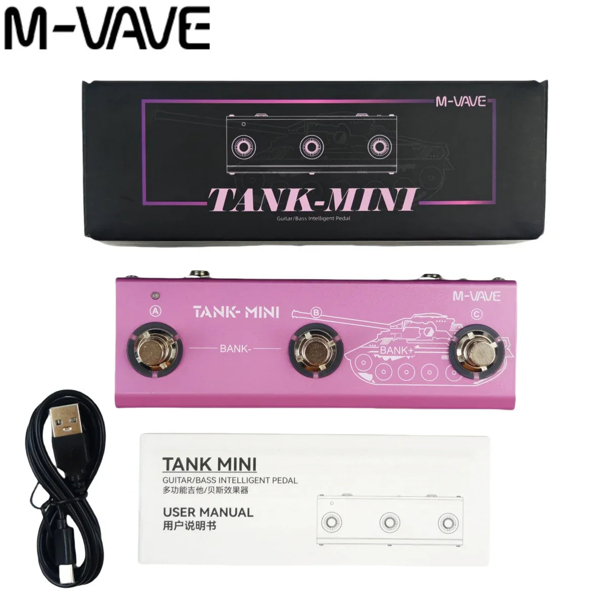 Pink m-vave tank mini guitar pedal with tank graphic design supports otg recording and built-in cab effects