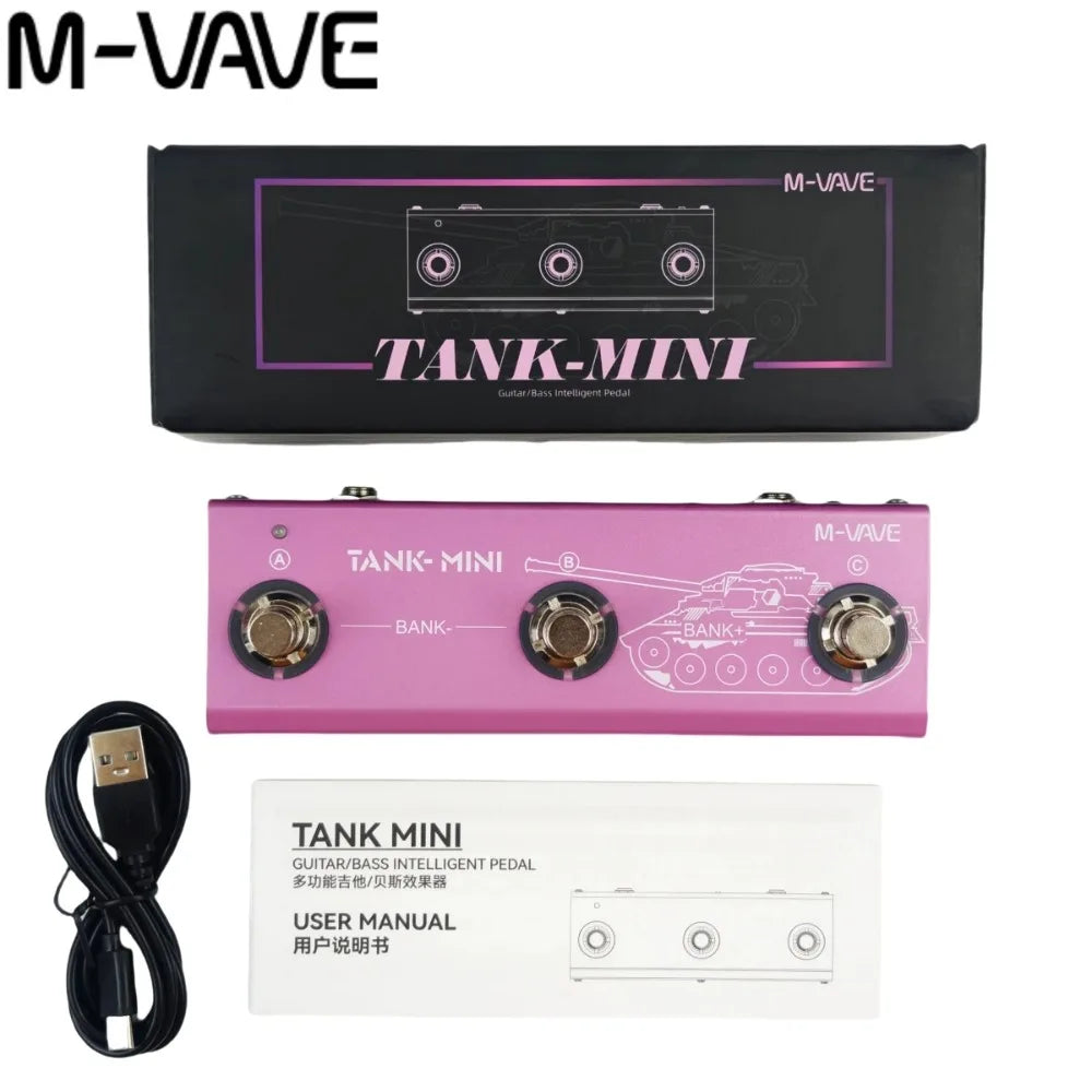 Pink m-vave tank mini guitar pedal with three foot pedals supports otg recording and built-in cab amp effects