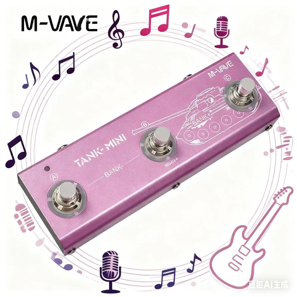 Pink metallic m-vave tank mini guitar pedal with three silver footswitches supporting otg recording and cab effects