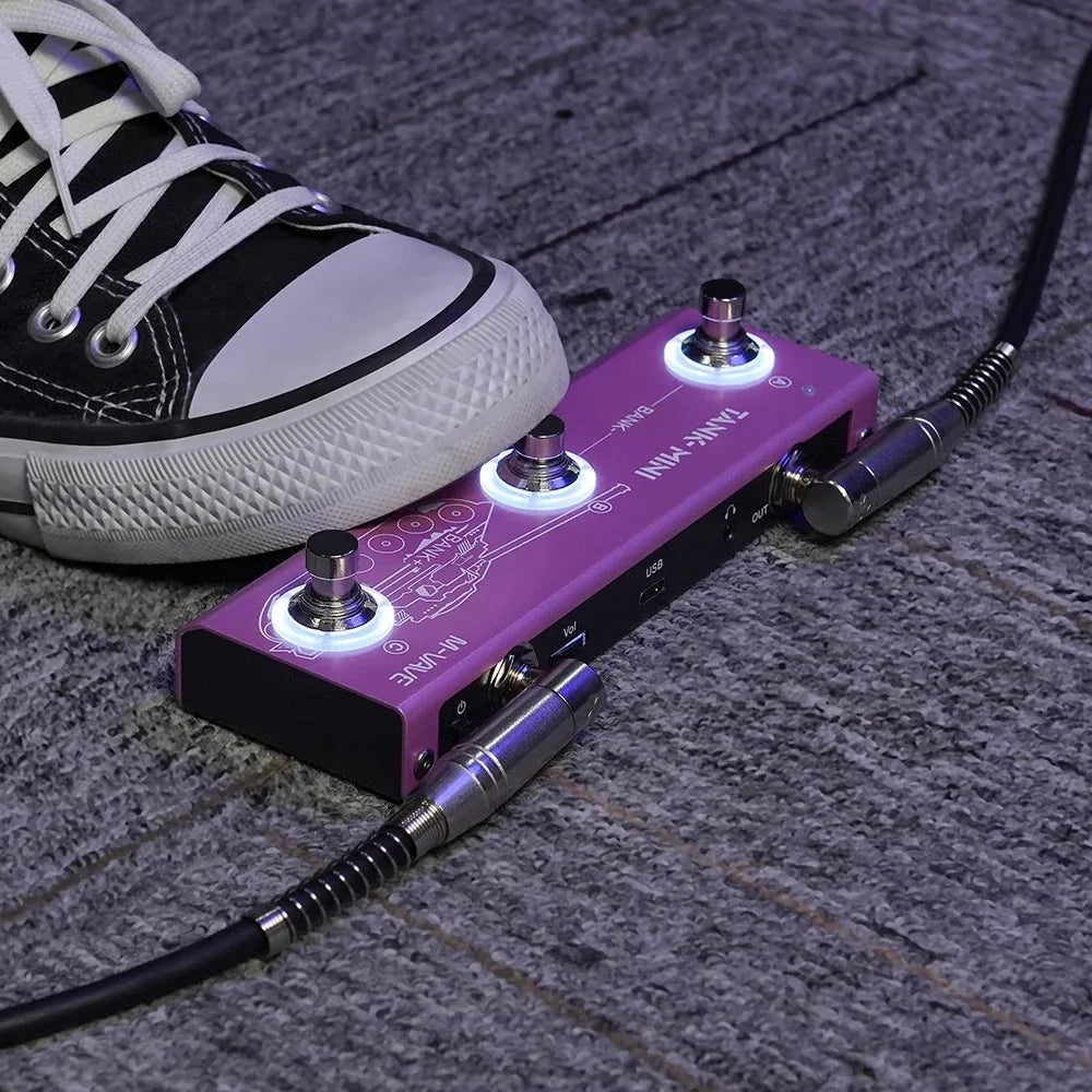 Purple and black m-vave tank mini guitar pedal with three illuminated footswitches supports otg recording and multitap effects