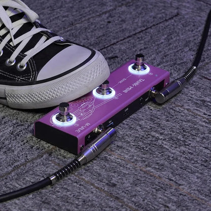Purple and black m-vave tank mini guitar pedal with three illuminated footswitches supports otg recording and multitap effects