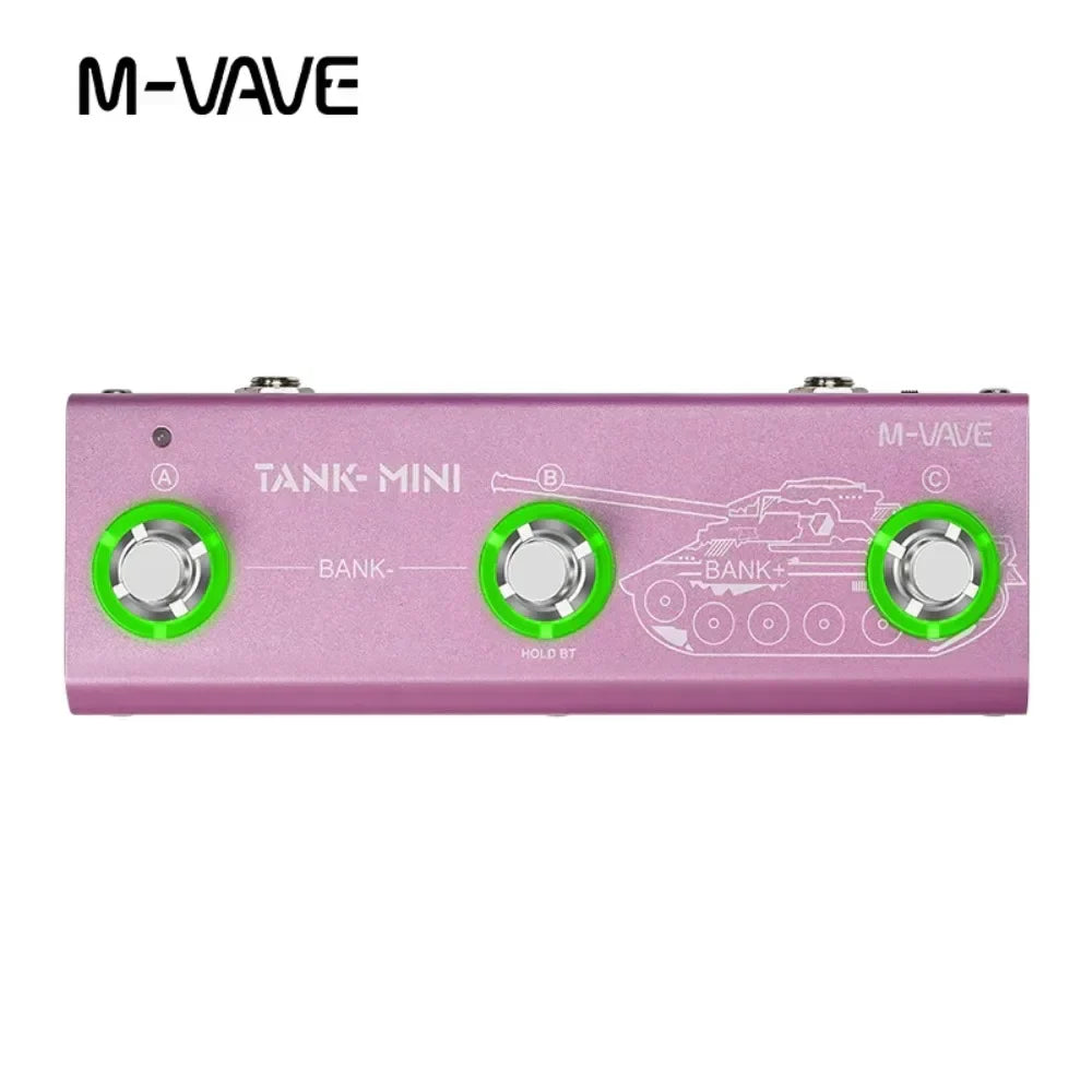 M-vave tank mini/tank g multic bass pedal support with matte pink finish, three green-rimmed footswitches, otg recording