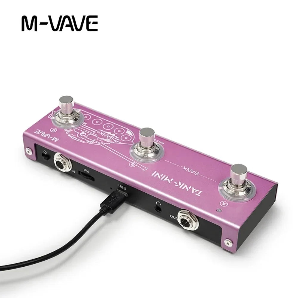 M-vave tank mini pedal in vibrant pink metallic finish with three silver footswitches supporting otg recording and bass pedal functions