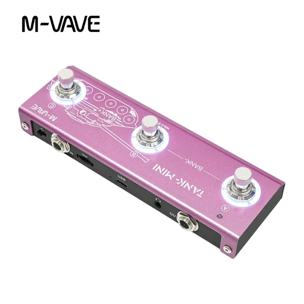 M-vave tank g multic effect guitar bass pedal in purple metallic finish with three silver footswitches for otg recording