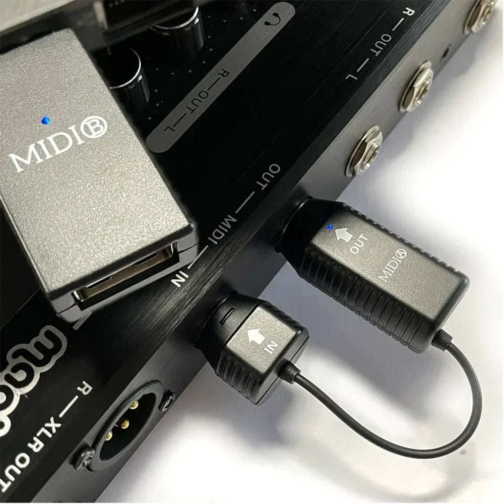 Black midi interface cables with textured grips and blue indicator lights for m-vave wireless midi bluetooth adapter for piano keyboard android