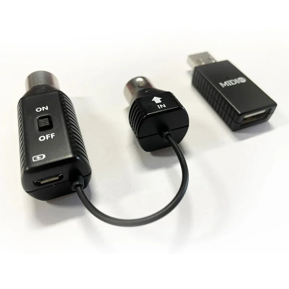 Black midi usb audio interface adapter with textured grip and silver xlr connectors for wireless midi 5-pin bluetooth midi adapter