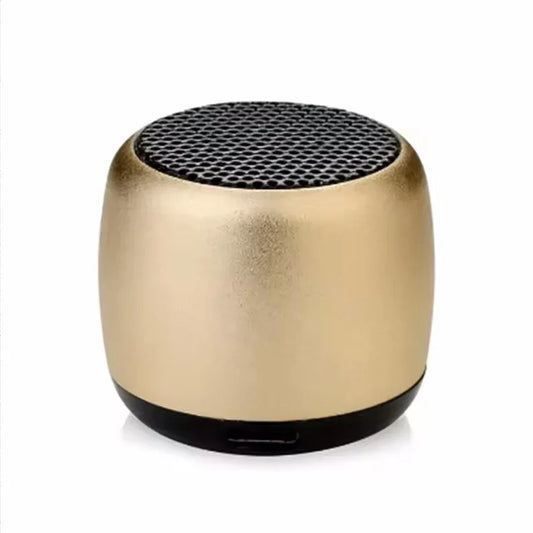 Gold-colored portable bluetooth haut-parleur with black mesh top and base featuring full-range audio crossover and surround mini usb