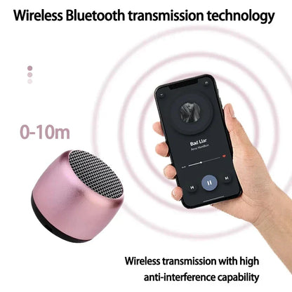 Pink metallic portable bluetooth haut-parleur with black mesh grille featuring full-range audio crossover and surround mini usb