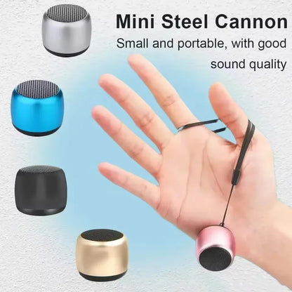 Pink metallic mini steel portable bluetooth haut-parleur with black mesh grille wrist strap full-range audio crossover surround mini usb
