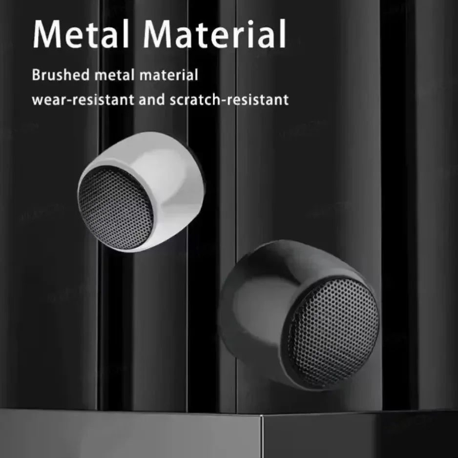 Brushed metal inlaid earbuds with sleek rounded design and perforated grilles for portable bluetooth speaker use