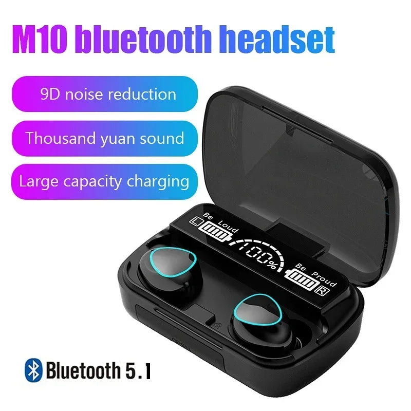 Black m10 bluetooth earphones with teal accents in a sleek case featuring handfree led dispay and bluetooth hifi stereo